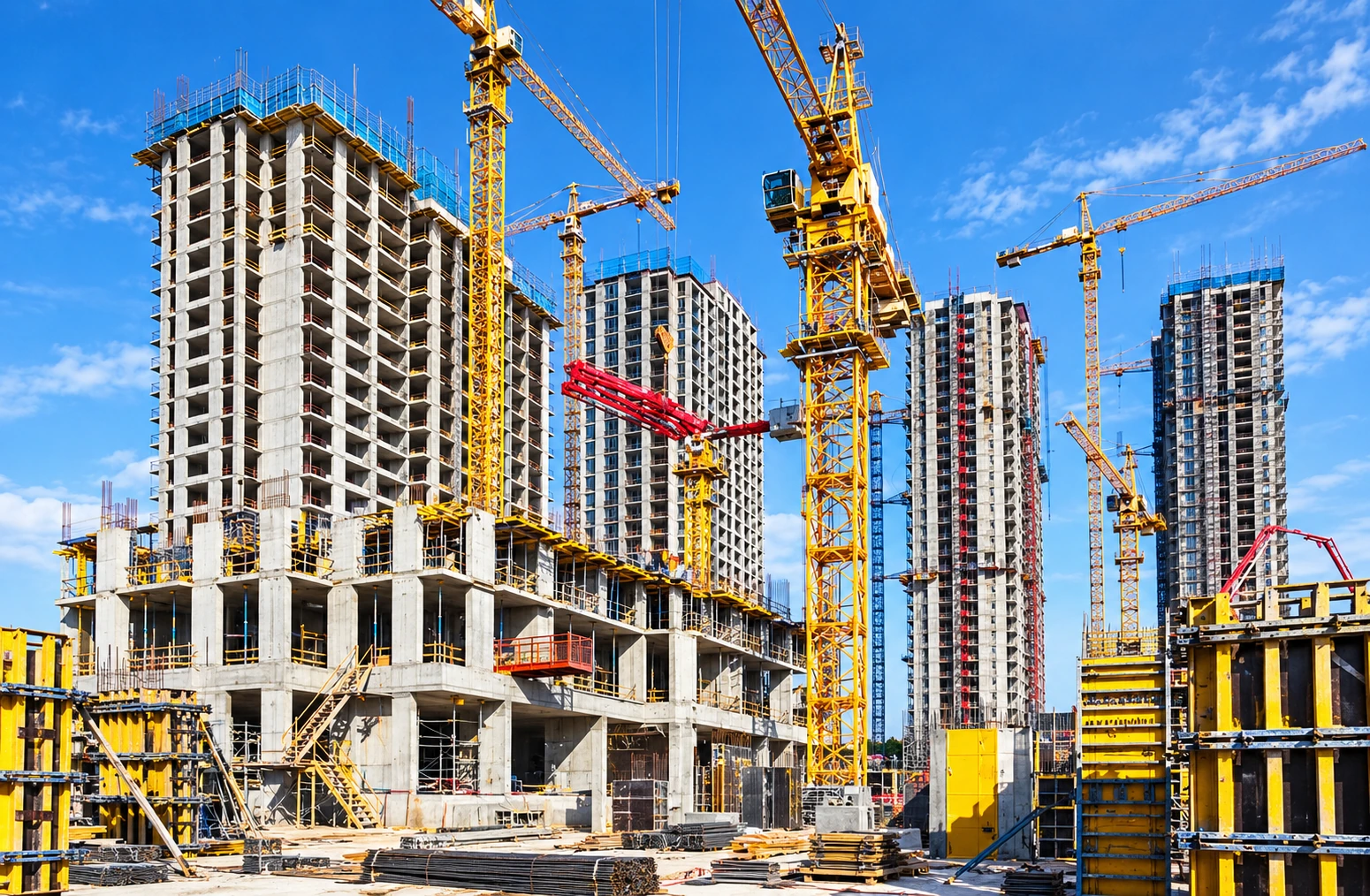 High-quality real building construction site with cranes and structural work